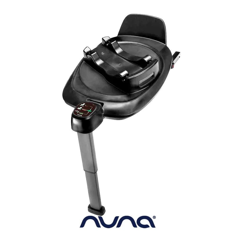 Base isofix Nuna preta, vista de cima, com perna de apoio ajustável e indicadores visuais de instalação correta.