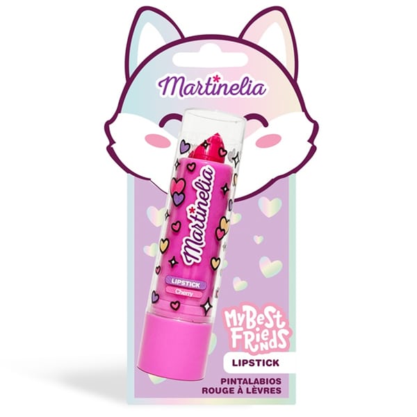 Batom Martinelia 'My Best Friends' com embalagem em forma de raposa, cor rosa com decoração de corações.