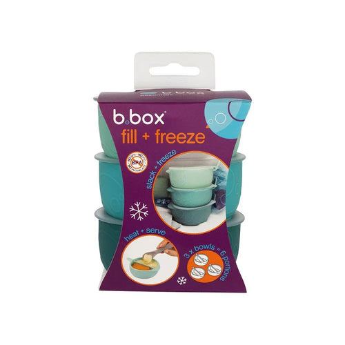 Embalagem do conjunto b.box Fill + Freeze com 3 taças empilháveis, destacando a funcionalidade de congelar e servir.
