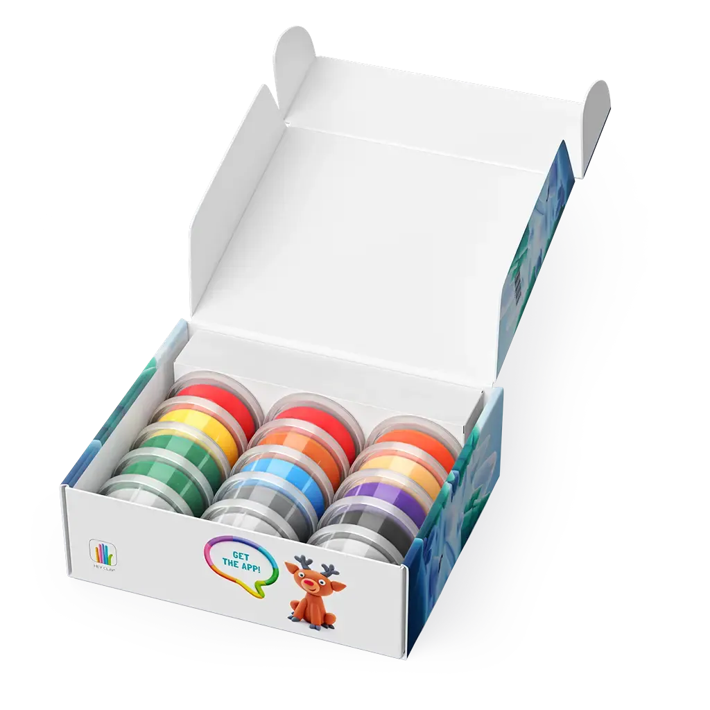 Caixa aberta do HEY CLAY Winter Holidays, revelando 15 latas de pasta de modelar colorida no interior.