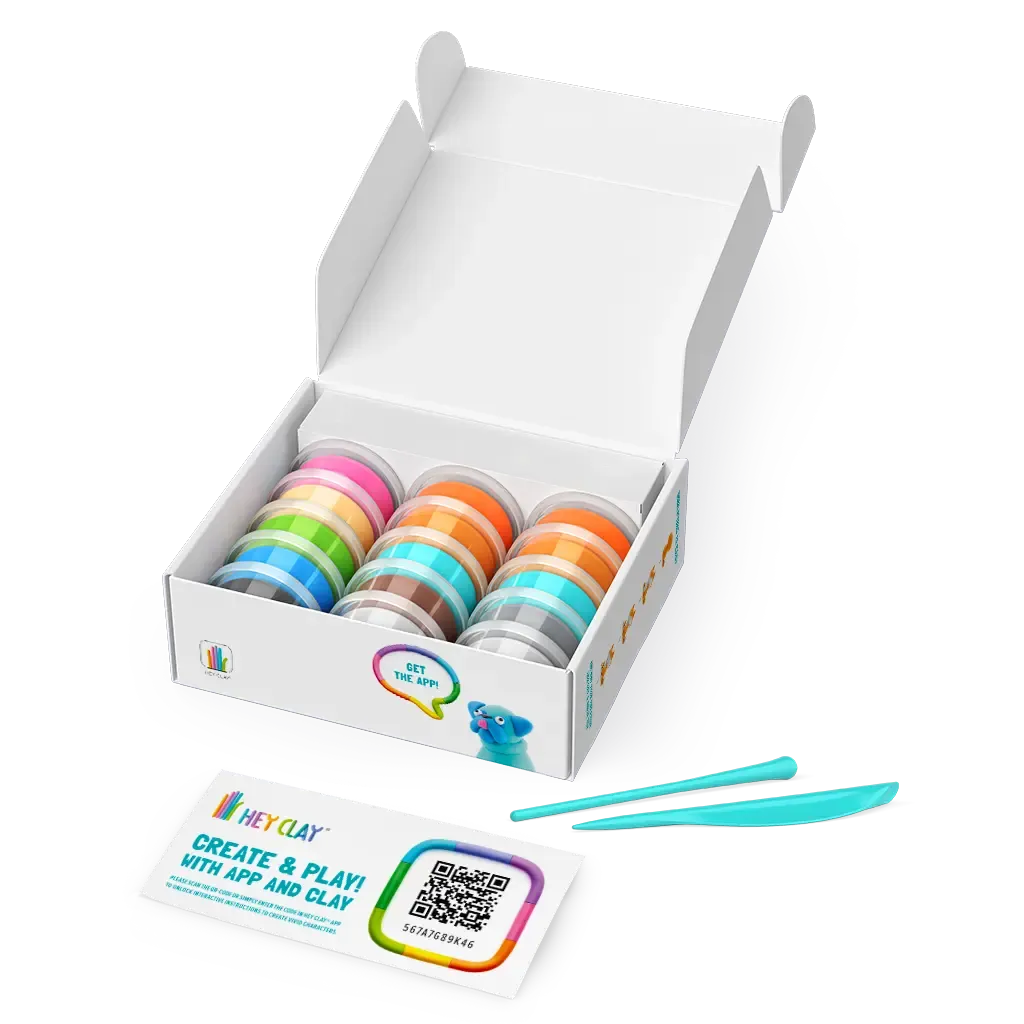 Conteúdo da embalagem HEY CLAY Dog Story com 15 latas de pasta de modelar, ferramentas de escultura e cartão de acesso à aplicação.