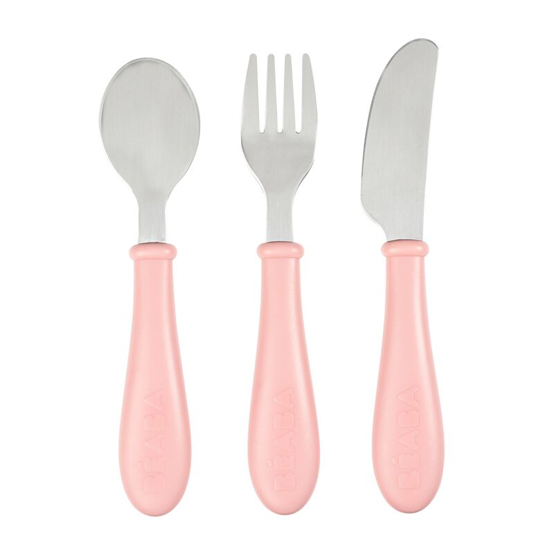 Conjunto de 3 talheres infantis Beaba em aco inoxidavel rosa