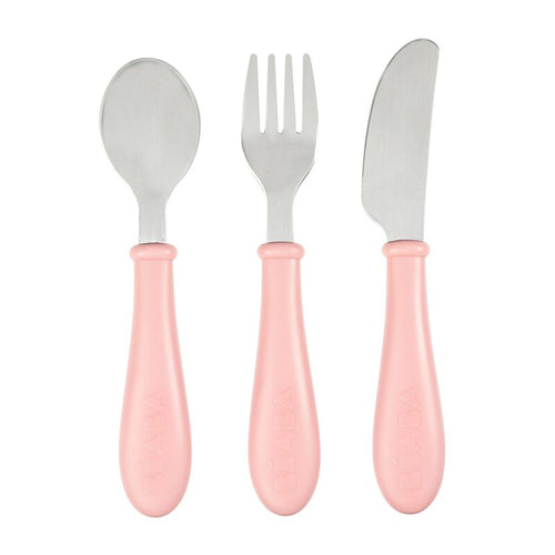 Conjunto de 3 talheres infantis Beaba em aco inoxidavel rosa
