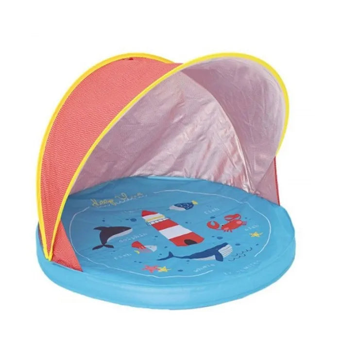 Tenda Olmitos Praia e Jardim Deep Blue aberta, com piscina azul e capota vermelha, fundo branco.
