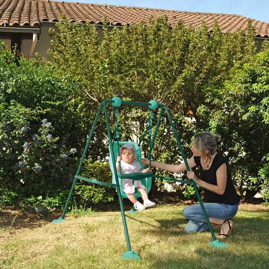 Baloiço para bebé em aço galvanizado verde menta, com cinto de segurança e T de retenção, estrutura resistente para uso em interior e exterior.