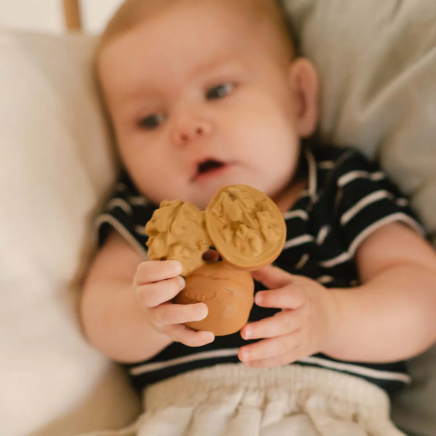 Bebé a brincar com o mordedor Oli & Carol Nutty A Noz, segurando-o com as mãos.