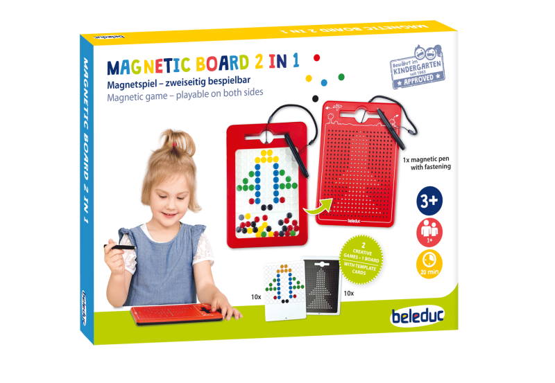 Crianca a desenhar com caneta magnetica no quadro Beleduc 2 em 1
