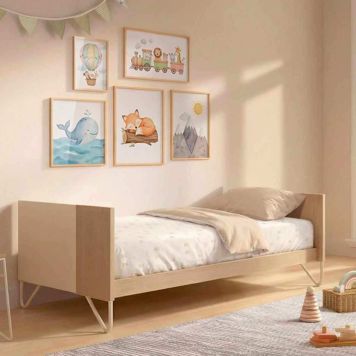 Micuna Big Amaia 140x70 na versão cama pequena num quarto infantil com quadros de animais na parede.