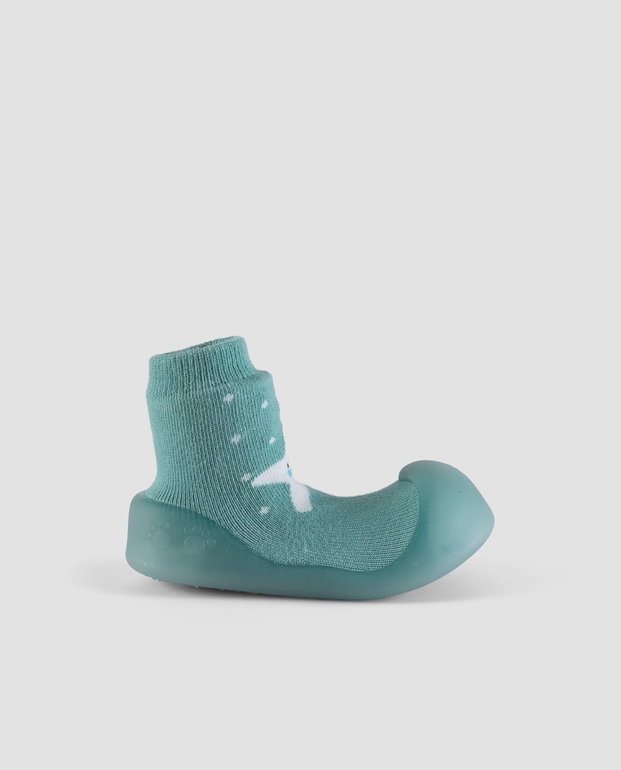 Vista lateral dos sapatos barefoot BigToes Chameleon em azul, com design anatómico e padrão de estrela-do-mar, ideal para o desenvolvimento motor e cognitivo.