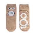 Par de meias barefoot BigToes cor de pele com desenho de coruja na parte superior e sola antiderrapante branca com formato de pegada.