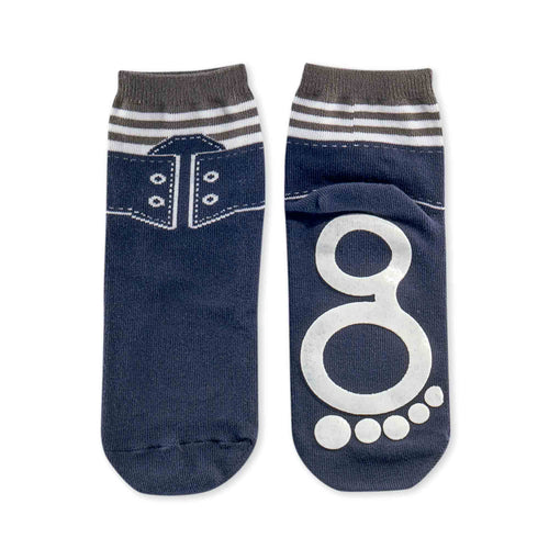 Par de meias barefoot BigToes "Sneakers Blue" azuis escuras com design de ganga e sola antiderrapante branca com o logótipo "B".
