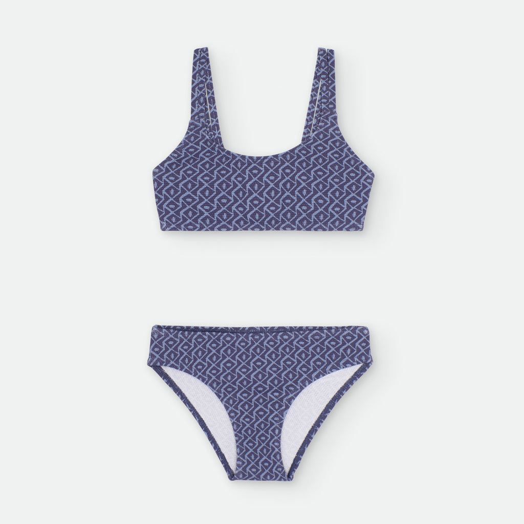 Biquíni Waterlemon menina azul escuro com padrão geométrico elegante