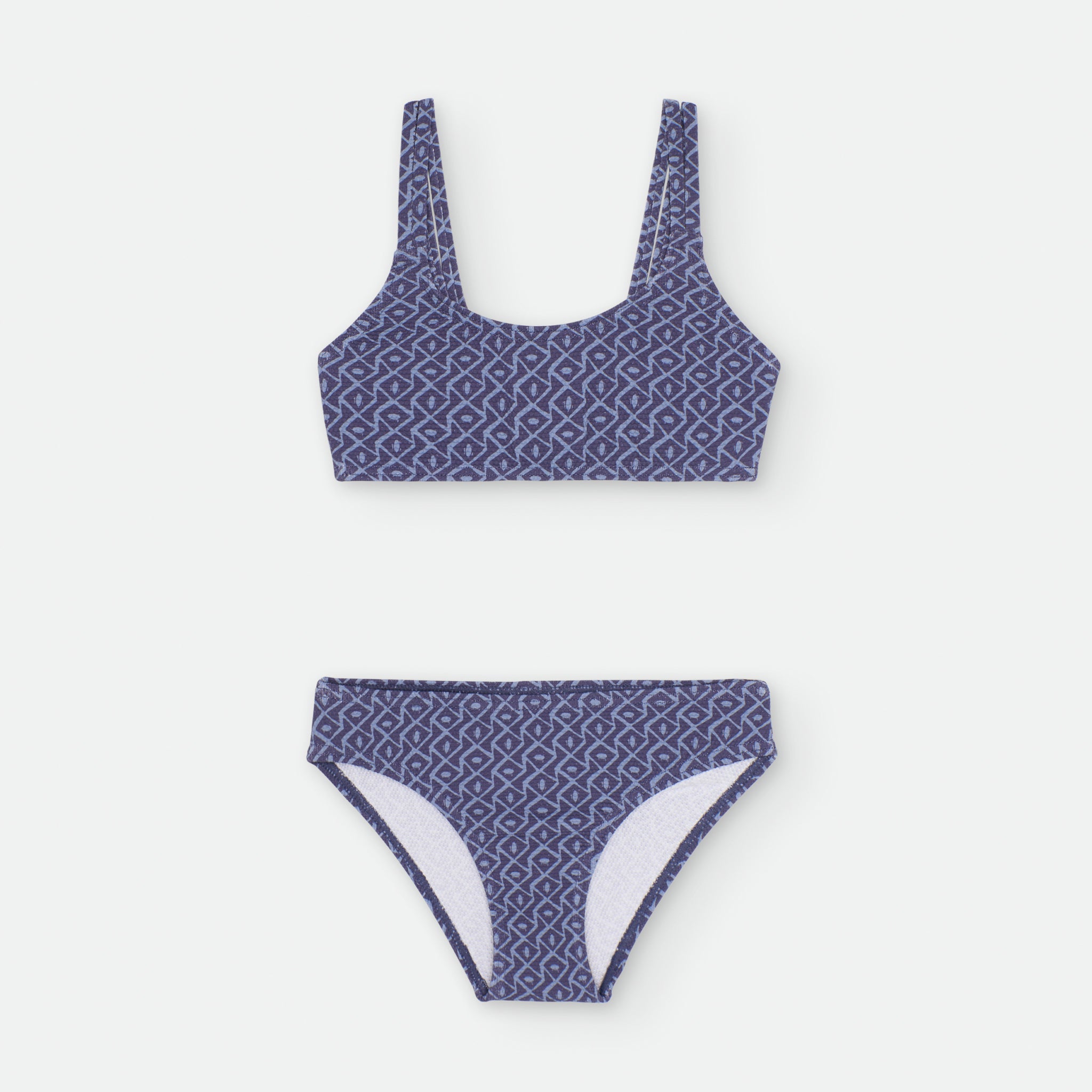 Biquíni Waterlemon menina azul escuro com padrão geométrico elegante