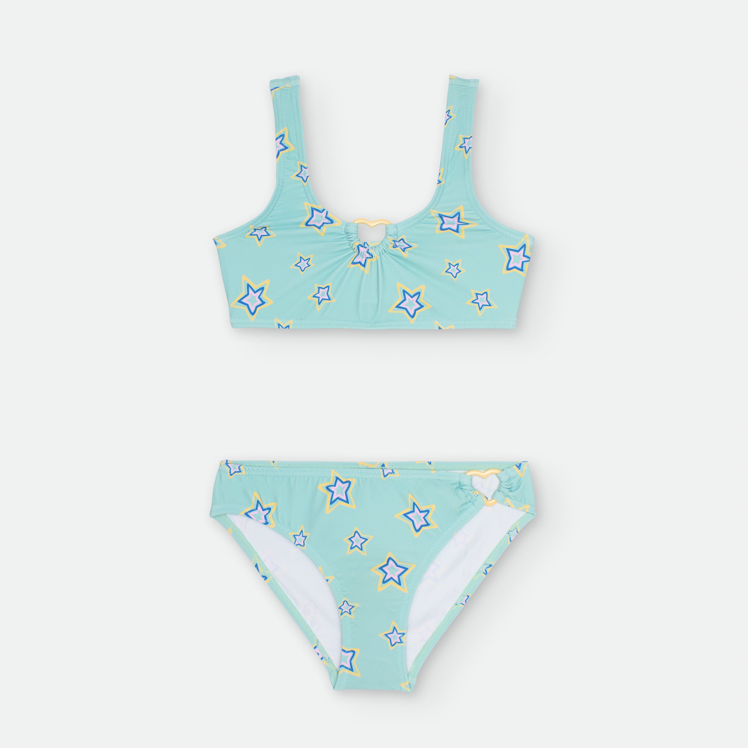 Biquíni de menina Waterlemon em tons de turquesa com padrão de estrelas e detalhes delicados.
