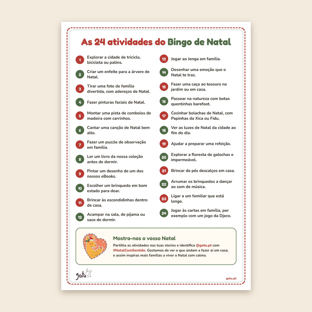 Página com as 24 atividades do Bingo de Natal explicadas, de explorar a cidade de triciclo a jogar às cartas em família