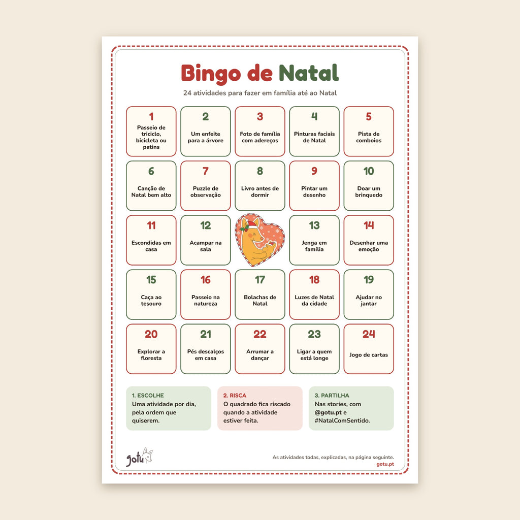 Bingo de Natal da Gotu para imprimir: grelha de 24 atividades em família com um canguru de Natal ao centro
