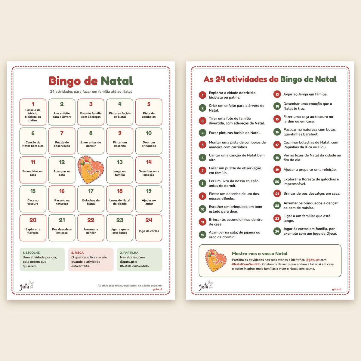 As duas páginas A4 do Bingo de Natal da Gotu: a grelha para riscar e a lista das atividades