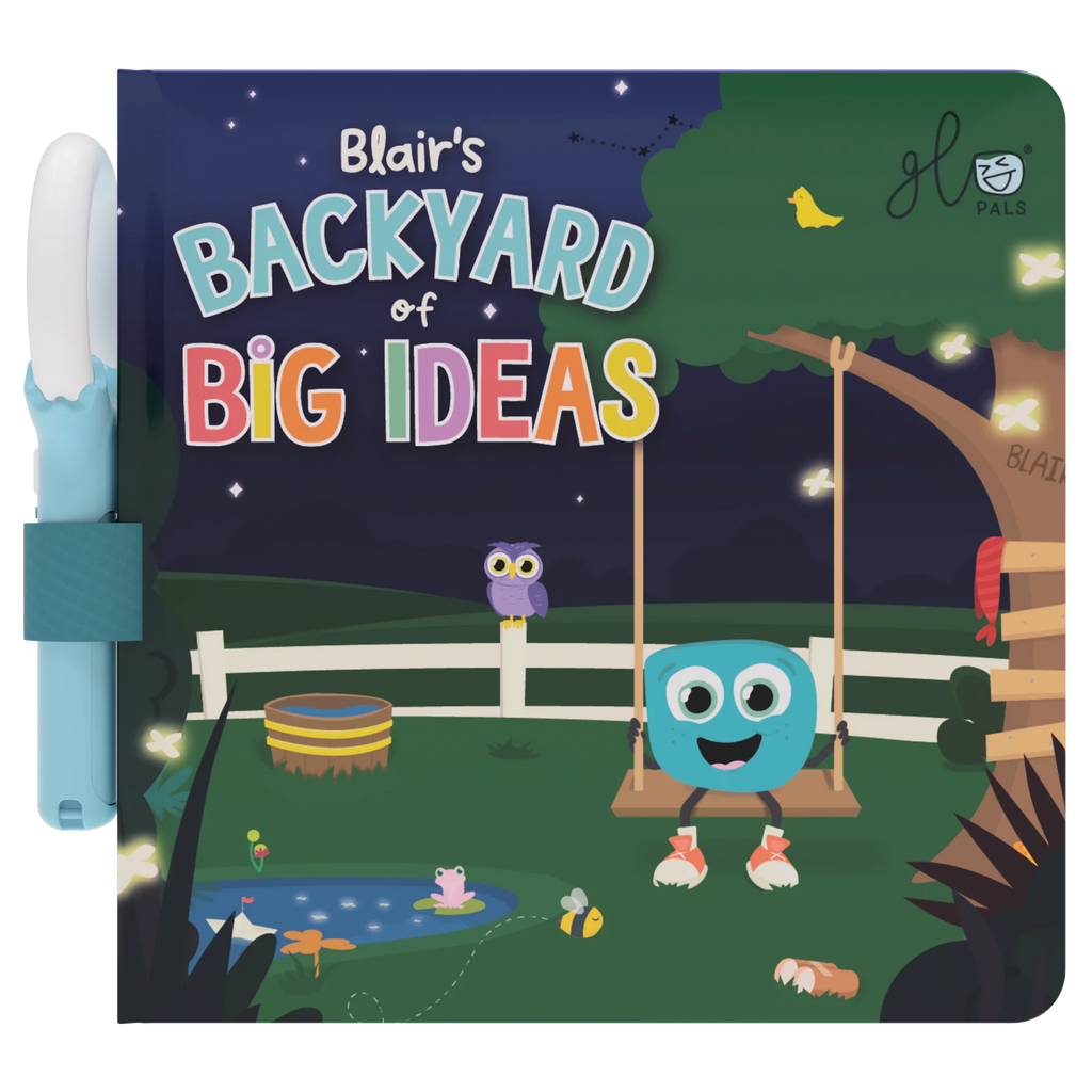 Capa do livro infantil GloPals "Blair's Backyard of Big Ideas" com um personagem azul quadrado num baloiço e uma varinha mágica azul clara acoplada ao lado.