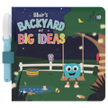 Capa do livro infantil GloPals "Blair's Backyard of Big Ideas" com um personagem azul quadrado num baloiço e uma varinha mágica azul clara acoplada ao lado.
