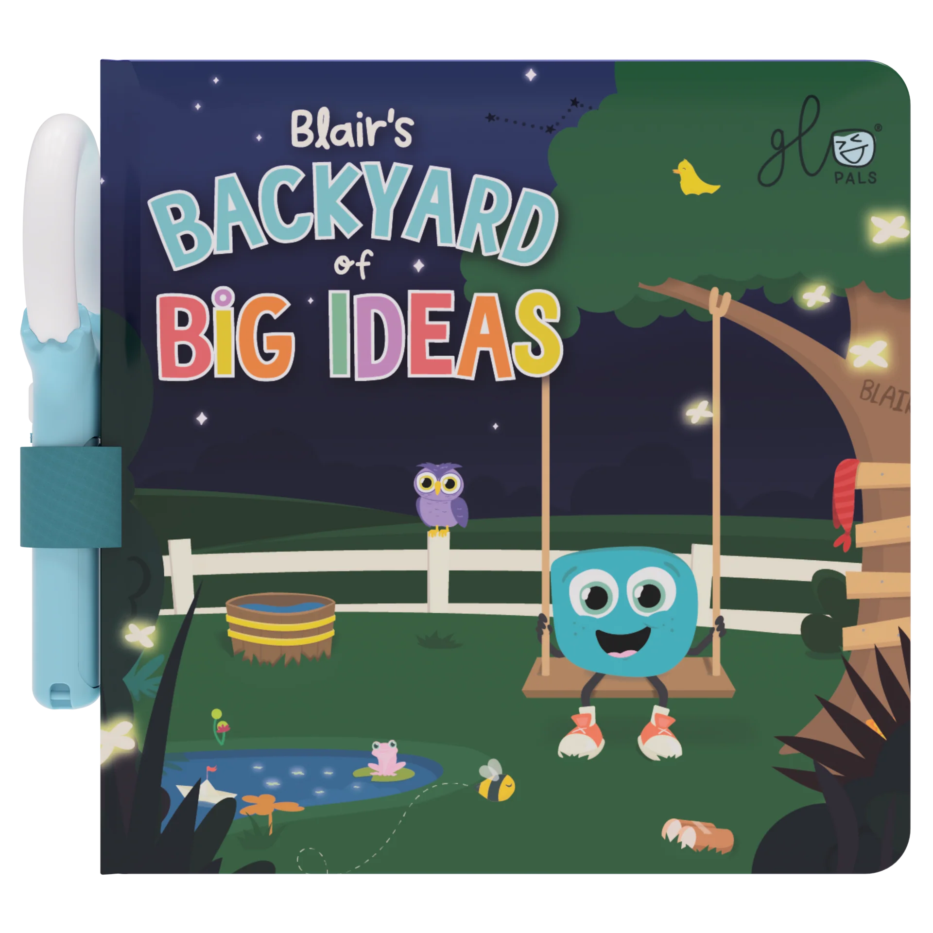 Capa do livro infantil GloPals "Blair's Backyard of Big Ideas" com um personagem azul quadrado num baloiço e uma varinha mágica azul clara acoplada ao lado.