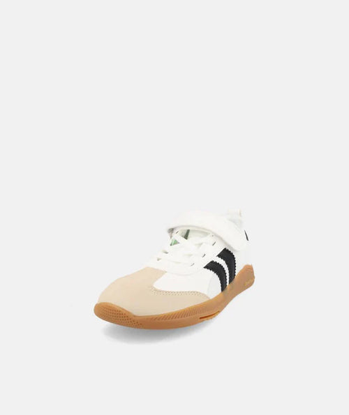 Desportivo barefoot vegano Ares da Blanditos, cor branca com biqueira bege e riscas pretas, fecho em velcro. Vista frontal em ângulo.