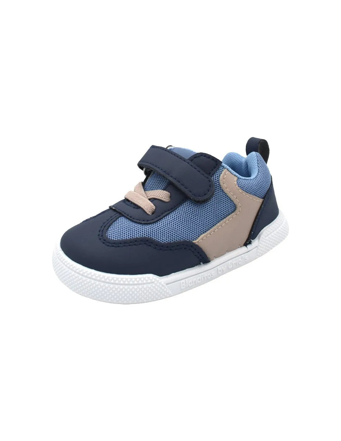 Blanditos barefoot em lona vegana azul-marinho com detalhes em bege e branco. Fecho de velcro e sola antiderrapante para segurança e conforto.