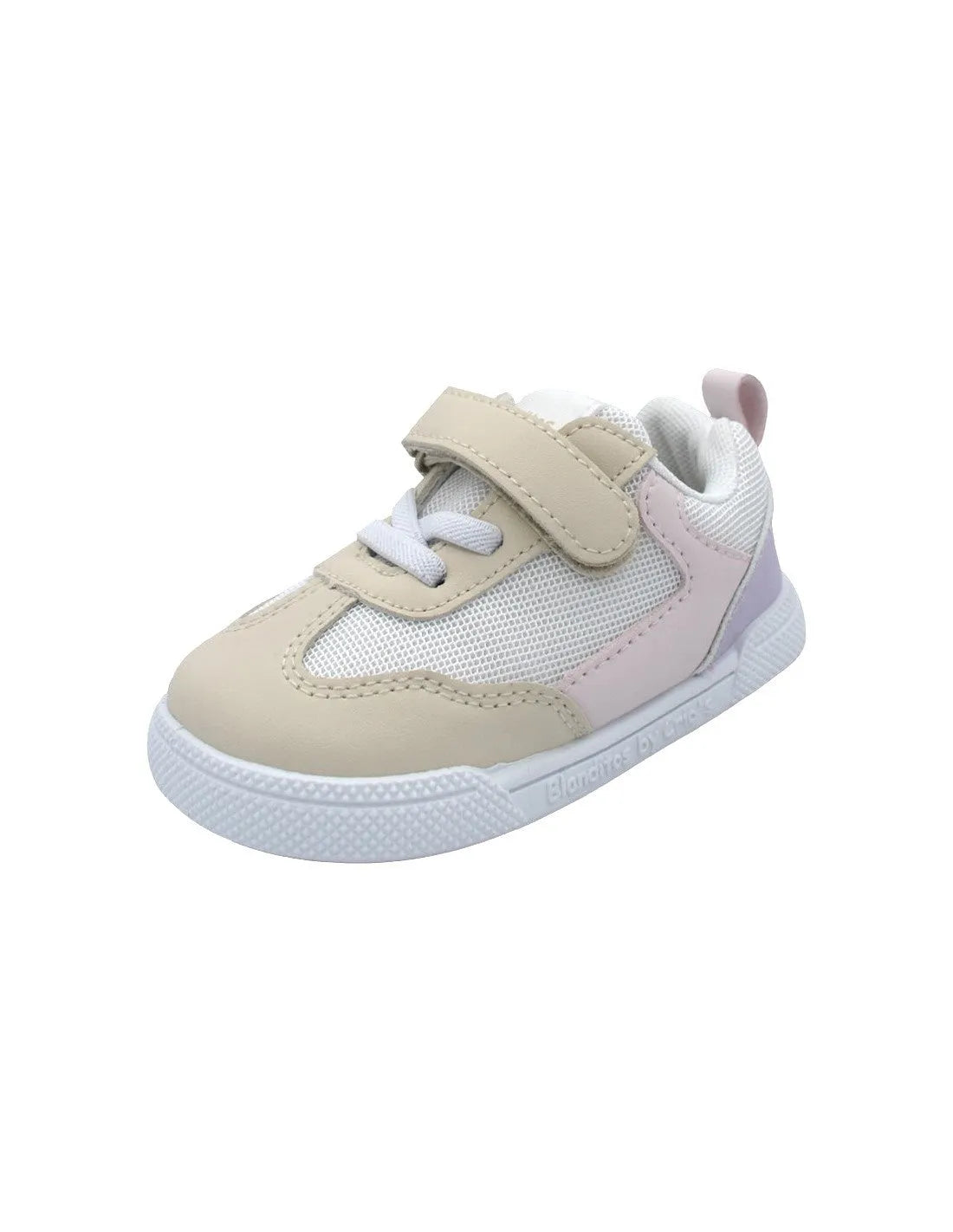 Blanditos barefoot em lona vegana bege com detalhes em rosa e branco. Fecho de velcro e sola fina de borracha para liberdade de movimentos e proteção.