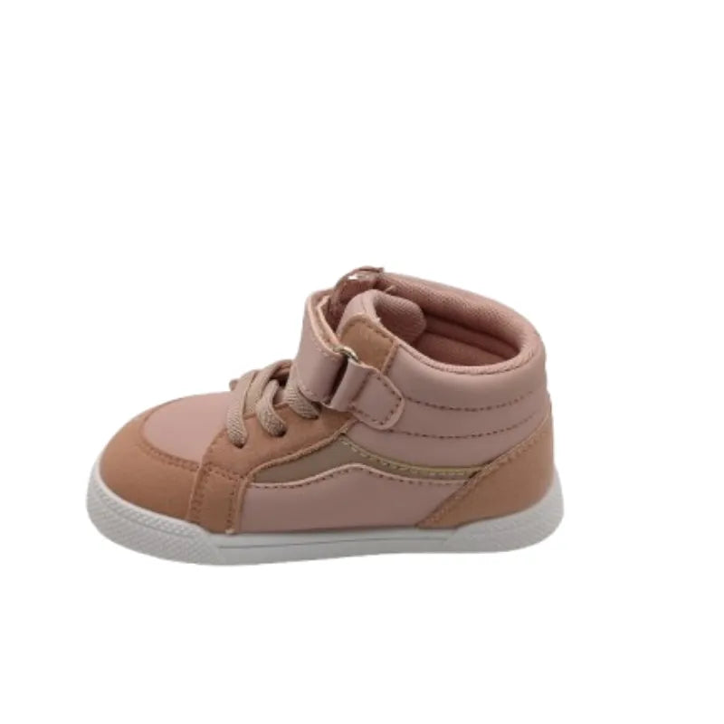 Ténis Blanditos Barefoot em bege e rosa, com fecho de velcro e atacadores, formato ergonómico e sola fina que promove o equilíbrio natural.