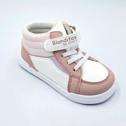 Ténis Blanditos Barefoot em rosa, bege e branco, com fecho de velcro e atacadores, modelo confortável e respeitador da anatomia do pé.
