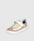 Vista lateral de sapatilha infantil Blanditos Berlin Lila (Multicolor Rosa/Amarelo/Lilás) em pele com sola branca e duplo velcro branco. Calçado Respeitador, Barefoot e Calçado Barefoot.