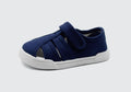 Sandália infantil tipo lona, cor azul marinho (navy), estilo aberto com tiras e fecho de velcro, sola branca flexível com inscrição da marca.
