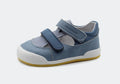Sandália infantil Barefoot Blanditos Popa em pele genuína azul, com fecho de velcro e sola flexível branca/amarela.
