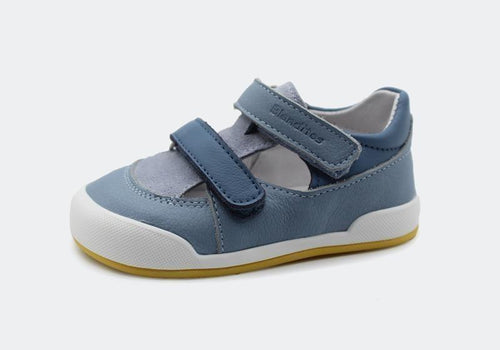 Sandália infantil Barefoot Blanditos Popa em pele genuína azul, com fecho de velcro e sola flexível branca/amarela.