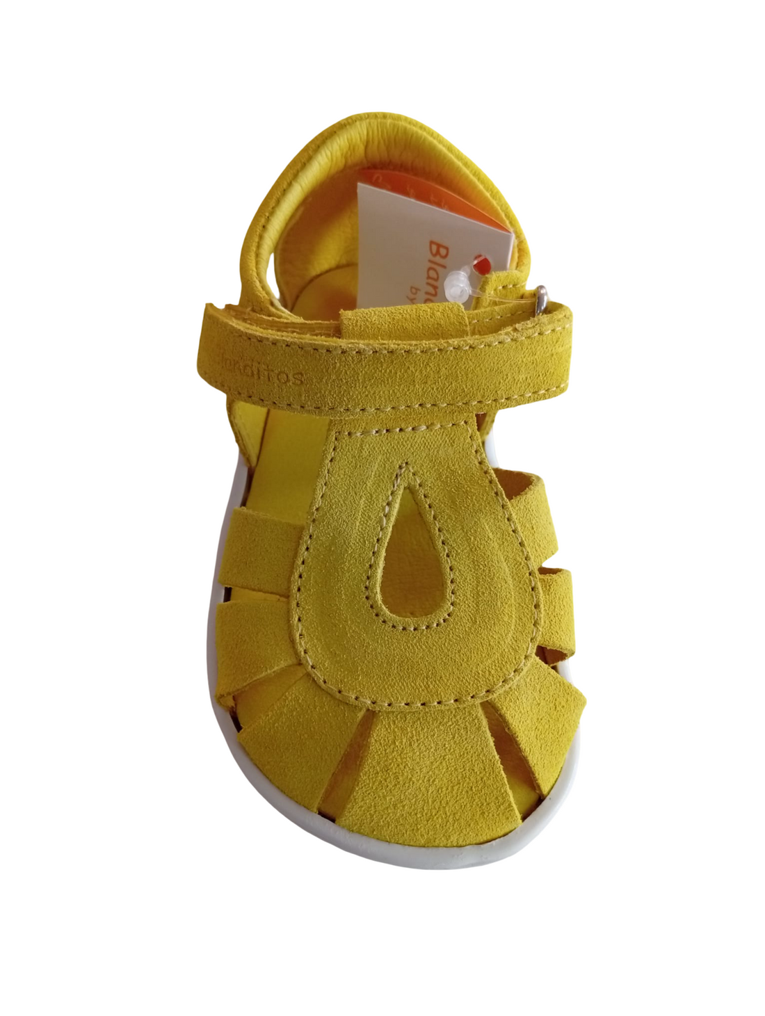 Sandália minimalista Blanditos by Crio's India Amarelo vista frontal. Calçado respeitador infantil em couro.