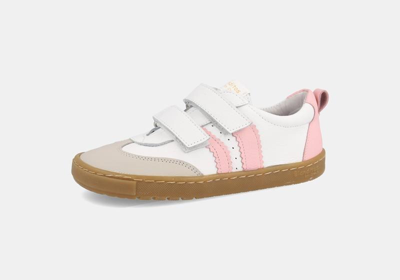 Sapatilha infantil barefoot Blanditos Delfin (BR) 2026, em pele branca com detalhes rosa e biqueira bege, fecho de velcro duplo.