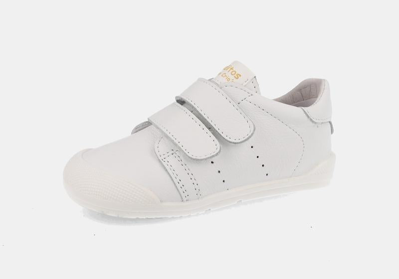 Sapatilha infantil Barefoot Blanditos Paris em pele branca, com fecho duplo de velcro e sola fina, ideal para pés largos.