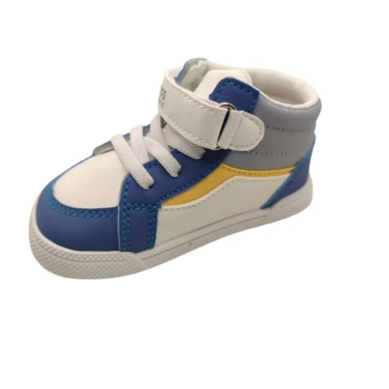 Blanditos by Crio's - Vegano Apolo (Azul) - Ténis respeitadores para bebé, vista lateral. Detalhe dos materiais e cores: branco, azul e cinzento.