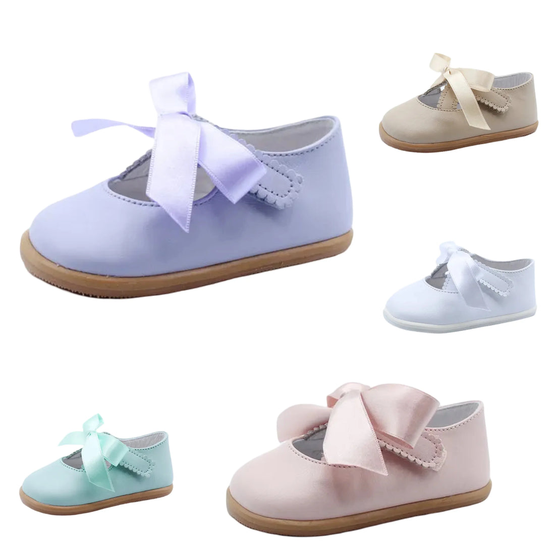 Coleção de Blanditos de cerimónia com laço, em várias cores: lilás (Angel Lila), branco (Angel Blanco), bege (Angel Marfil), azul-claro (Angel Baby) e verde-água (Angel Agua). Calçado barefoot elegante e confortável para ocasiões especiais.