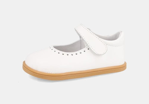 Sapatilha de cerimónia infantil Blanditos by Crio's em pele branca, com fecho de velcro e sola castanha clara, ideal para bebé.