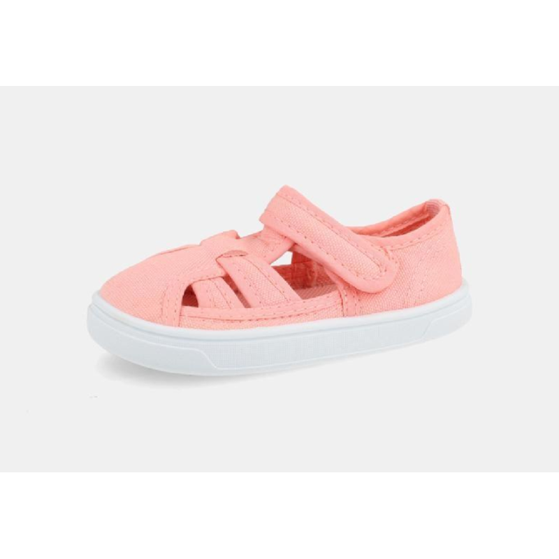 Sapatilhas de lona barefoot para criança modelo Molly em cor coral da marca Blanditos by Crio's com fecho de velcro.