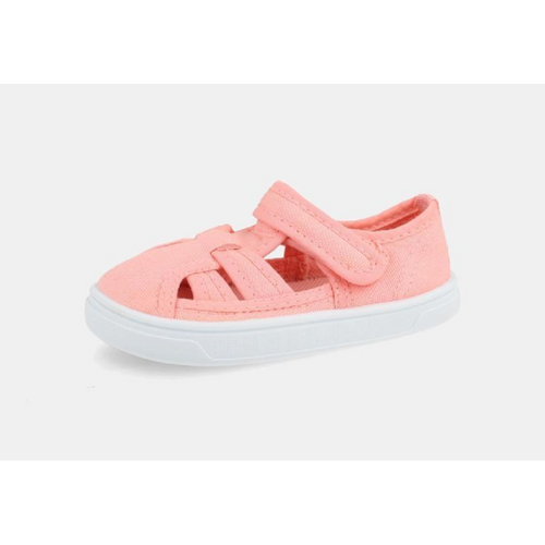 Sapatilhas de lona barefoot para criança modelo Molly em cor coral da marca Blanditos by Crio's com fecho de velcro.