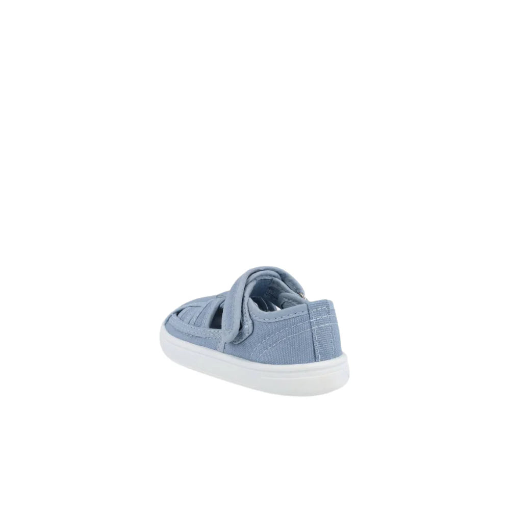 Sapatilhas barefoot Blanditos Molly Jeans em tom azul ganga, vista de ângulo posterior.