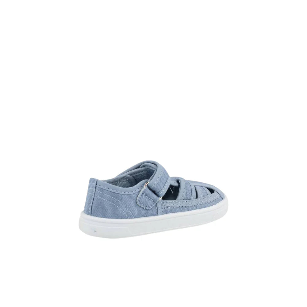 Sapatilhas barefoot Blanditos Molly Jeans em tom azul ganga, vista de traseira.