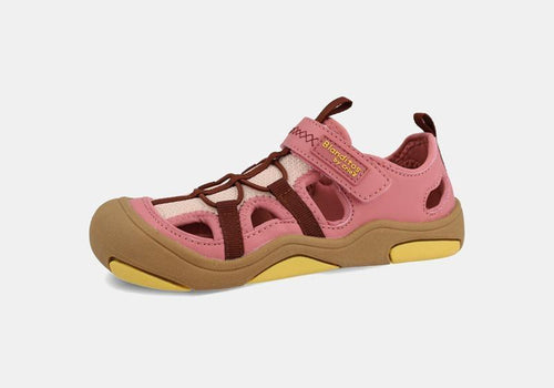 Sandália desportiva infantil vegana Blanditos by Crio's Olimpo em tons de rosa, castanho e amarelo, com fecho de velcro e biqueira reforçada.