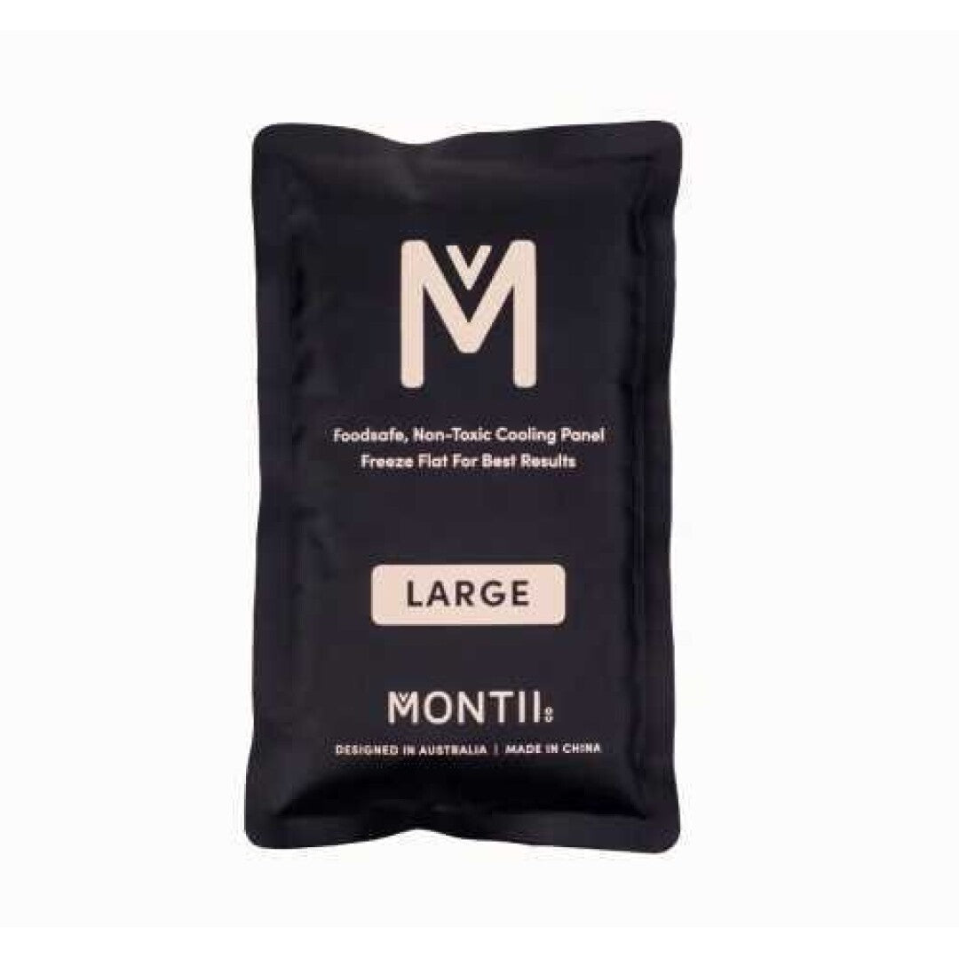 Bloco de arrefecimento preto Montii de tamanho Grande (LARGE), com texto em inglês indicando que é seguro para alimentos.