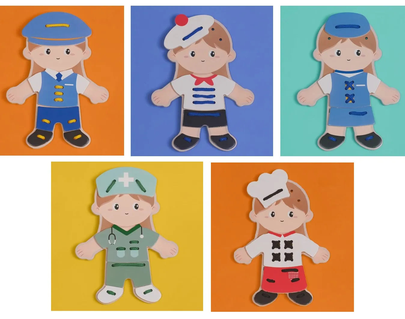Cinco exemplos de trajes de profissões montados na figura de menina do conjunto Classic World para enlaçar.