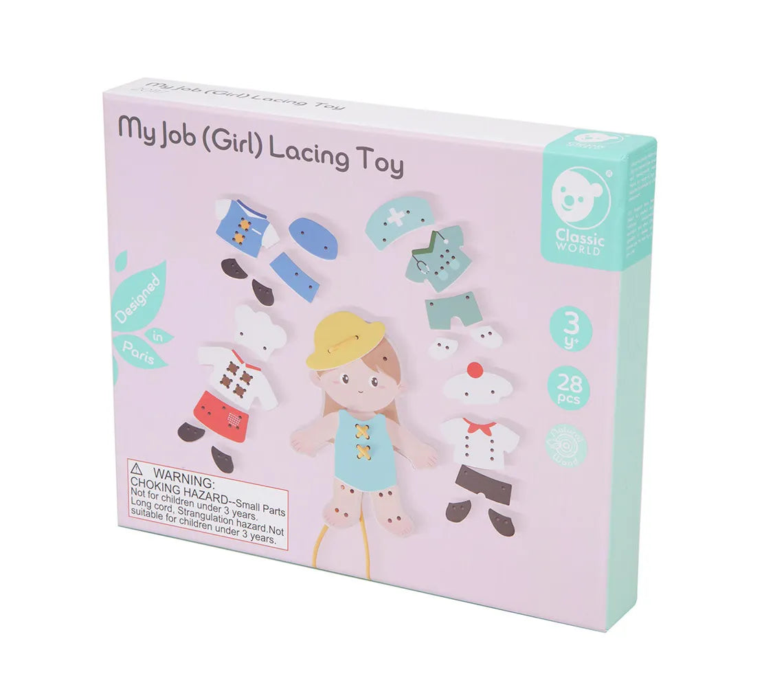 Embalagem do Classic World Conjunto de figuras para enlaçar - Menina, com a figura e peças de roupa ilustradas.
