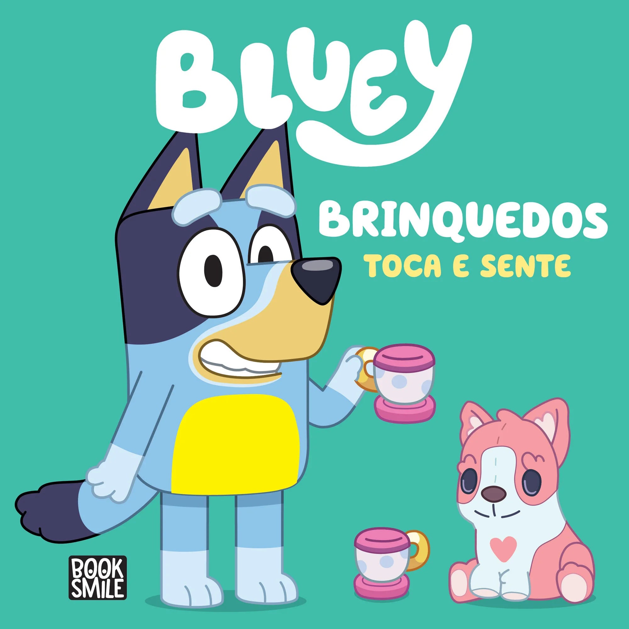 Capa do livro Bluey - Brinquedos: Toca e Sente, mostrando Bluey e Floppy, com texto em fundo turquesa.