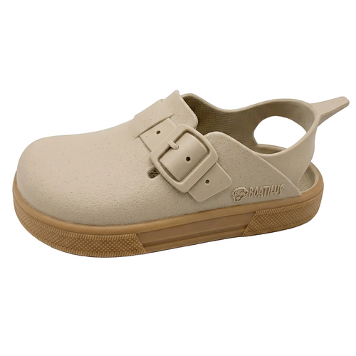 Sandália minimalista Boatilus BostyVeg Bege em material Megol flexível com fecho de fivela para bebé.