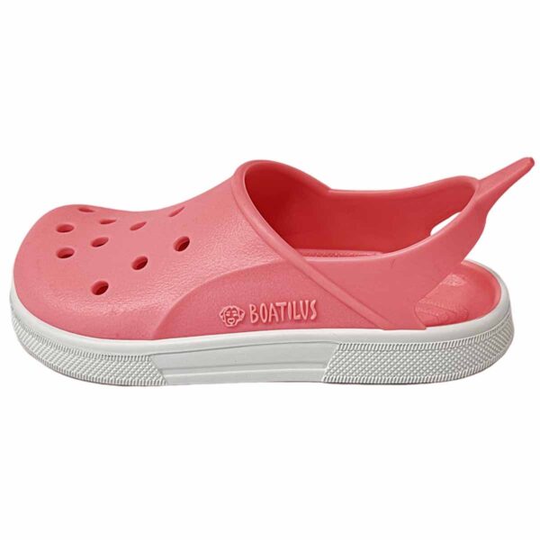 Sandália infantil Boatilus Cloggy rosa e branco, vista lateral, com tira traseira e sola branca, material minimalista e flexível.